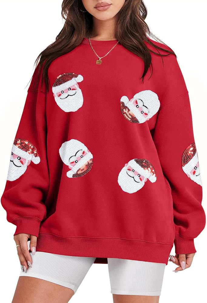 UNIQUEONE Womens Christmas Sweatshirt Sequin Santa Shirt Cute Chirstmas Graphic Tees Chirstmas Cr... | Amazon (US)