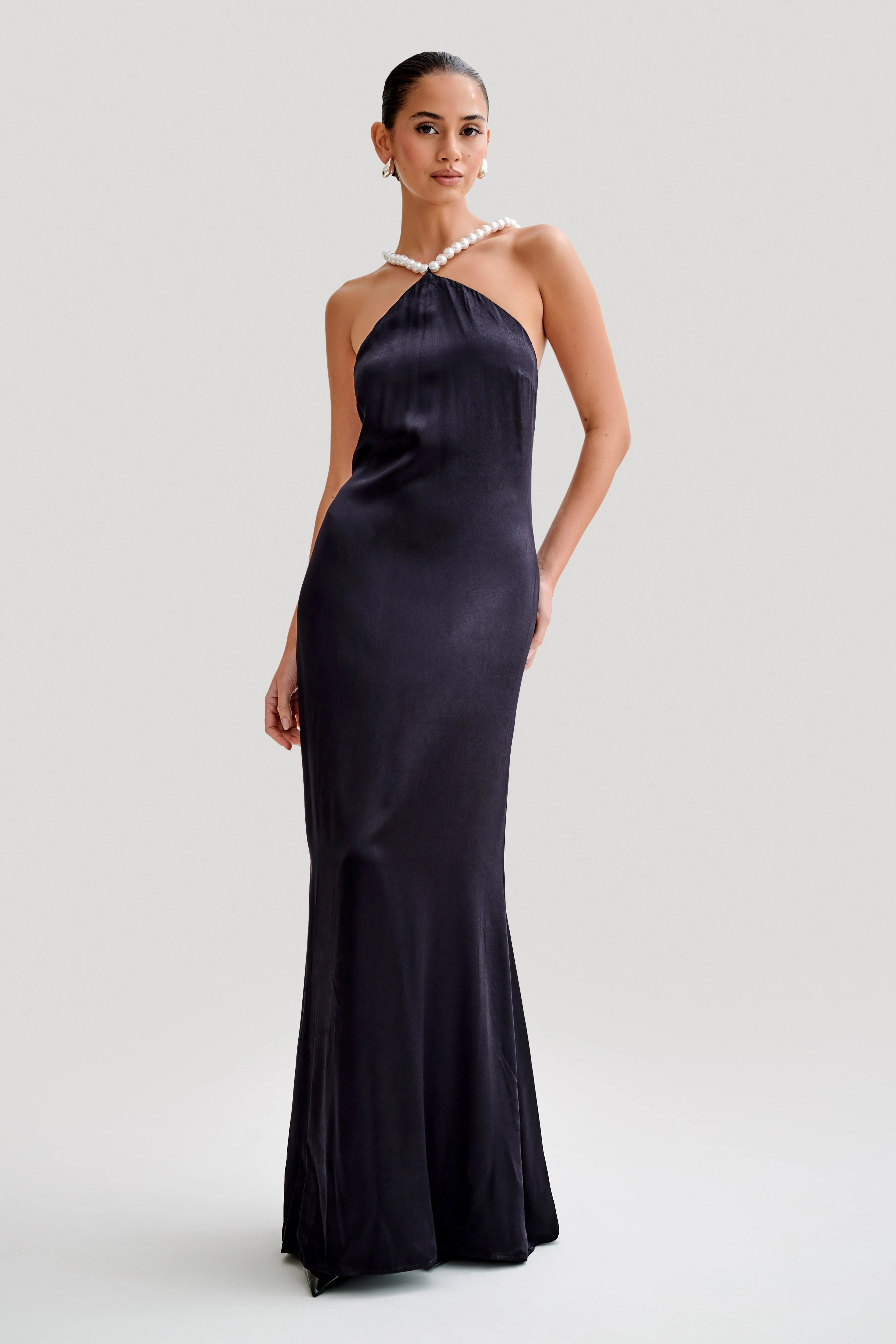 Blanche Satin Pearl Halter Maxi Dress - Black | MESHKI US