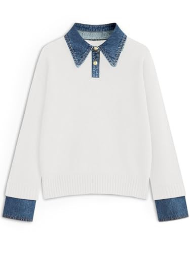 GUNEST Oversized Sweaters for Women Long Sleeve Collared Denim Vneck Button Down Preppy Tunics Sweater White M | Amazon (US)