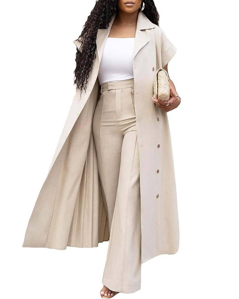 Tbahhir Women's Casual Jacket Outfits 2 Piece Pants Sets Pleated Long Cardigan Wide Leg Baggy Tro... | Amazon (US)