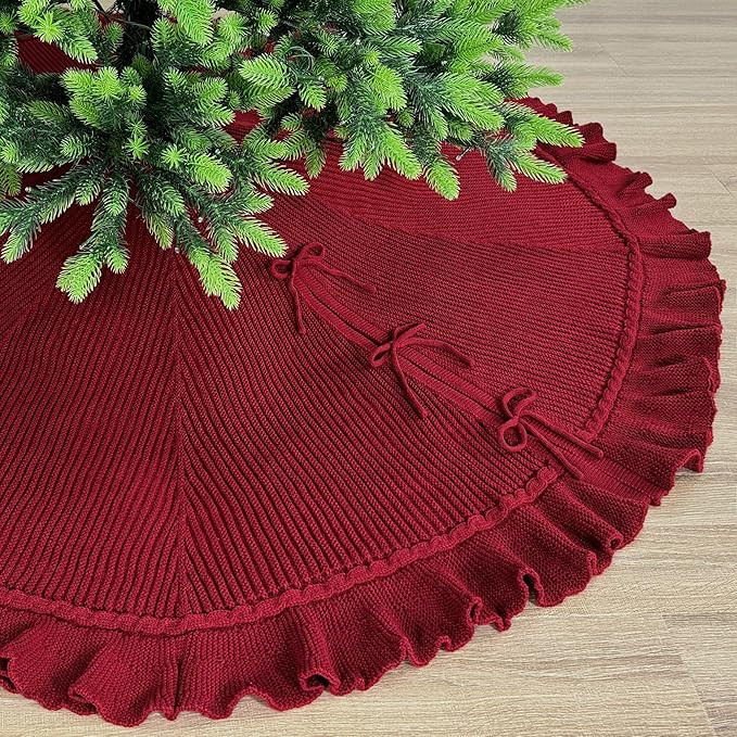 60-Inch Ruffled Sweater Knit Christmas Tree Skirt with Lace Ties, Burgundy | Amazon (US)