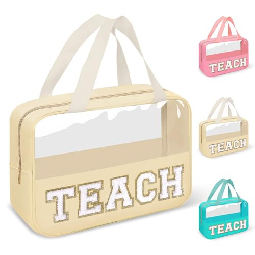 izuzta Teacher Appreciation Gifts TEACH Chenille Letter Clear Makeup Bag Pouch, Monogram Teacher Supplies Zipper with Handle Travel Cosmetic Bag Graduation Retirement Gifts for Women(TEACH-Beige) | Amazon (US)