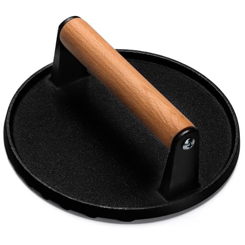 EWFEN Burger Press, 7" Round Heavy-Duty Cast Iron Smash Bacon Press Meat Steak with Wood Handle for Griddle, Sandwich, Nonstick Pan | Amazon (US)