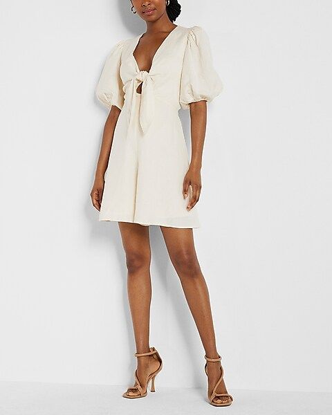 Linen-Blend Puff Sleeve Tie Front Romper | Express