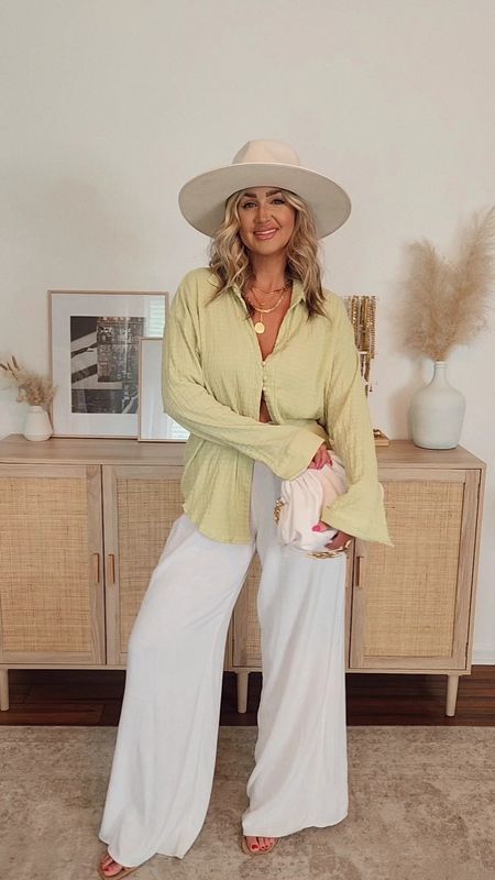 found my exact top in stock in a size S!!! linking some other styles in this gorgeous chartreuse color! spring outfit, spring style, linen pants, vacation outfit 

#LTKstyletip #LTKfindsunder50 #LTKfindsunder100