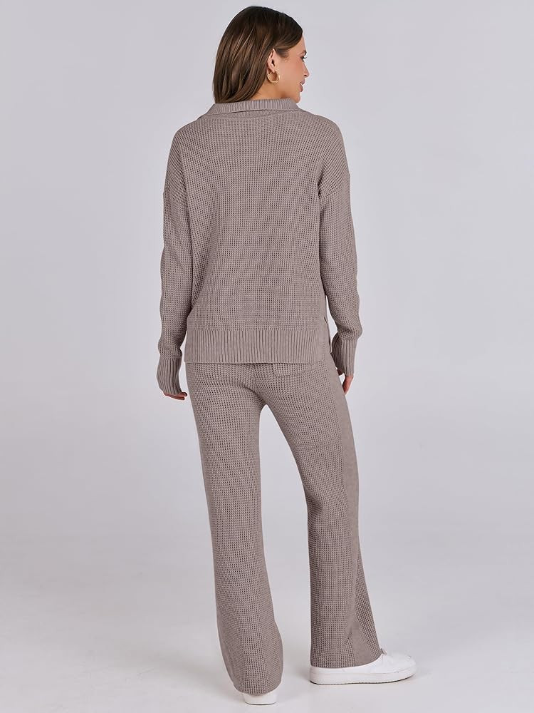 ANRABESS Women Two Piece Outfits Sweater Sets Lounge Waffle Knit Pullover Matching Wide Leg Pants... | Amazon (US)