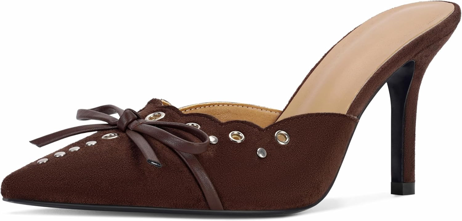 DOEYG Studded Heeled Mules for Women Suede Vintage Stiletto Heels Pointy Slip on Bow Tie Pumps Shoes Backless Mid Heels Dress Party Slide Heeled Sandals for Women | Amazon (US)