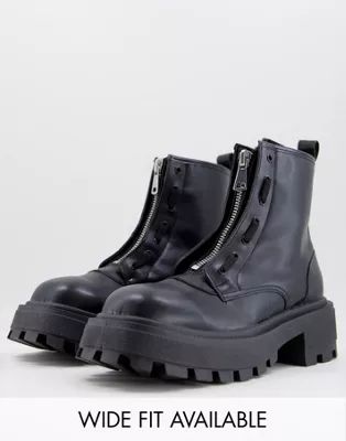 ASOS DESIGN chunky zip front boot with contrat stitching in black faux leather | ASOS (Global)