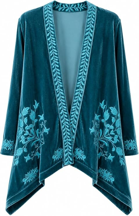 Womens Embroidered Kimono Cardigan Velvet Blazer Open Front Kimono Top Boho Embroidered Jacket Op... | Amazon (US)