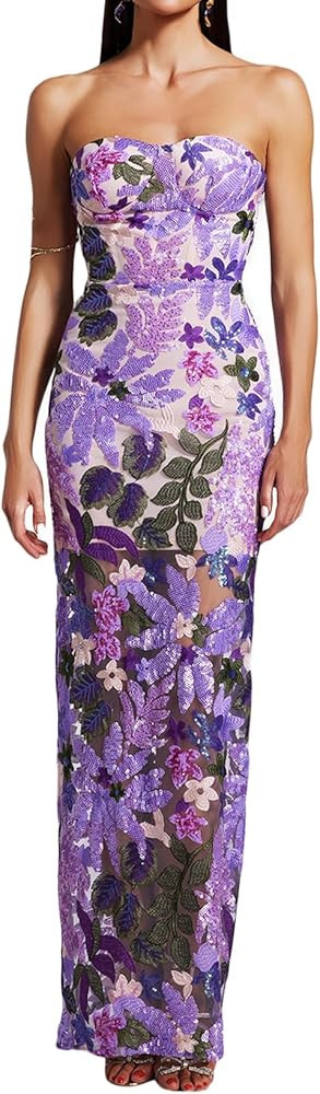 BELLA BARNETT Purple Printed Floral Romantic Tube Sleeveless Sequin Dress Charming Stunning Maxi ... | Amazon (US)