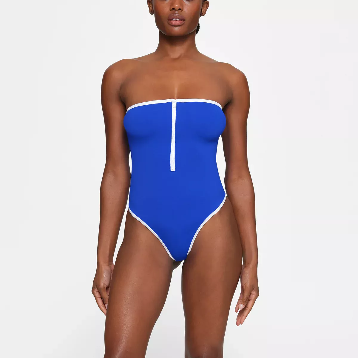 Track Zip Up Swim Mock Neck One Piece - Hibiscus - XXS at Skims