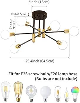 Sputnik Chandelier Modern Ceiling Light Fixture Mid Century Black and Gold Industrial Pendant Lig... | Amazon (US)