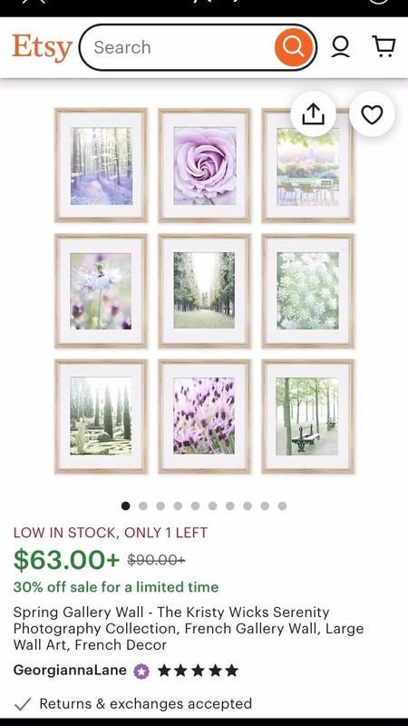 LOW IN STOCK, ONLY 1 LEFT
Price: $63.00+
Original Price:$90.00+
30% off sale for a limited time
 Gallery Wall - The Kristy Wicks Serenity Photography Collection, French Gallery Wall, Large Wall Art, French Decor

Paris Fine Art Photography Autumn Set
Title: "Kristy Wicks Serenity Collection"

A special collection of nine of my spring-themed images from Paris, curated especially for Kristy Wicks and now available for you! Featuring serene scenes in lavender and soft green from Paris, Versailles, Verona and Belgium.

VERSION ONE: Set of nine UNFRAMED prints in a choice of sizes. Choose from drop down menu.

VERSION TWO: Set of six UNFRAMED prints in a choice of sizes. Choose from drop down menu

– Printed on beautiful, premium quality archival photographic paper with long-lasting inks.

More of my Paris images are available here: http://etsy.me/UBqmba

See my entire line of fine art prints, canvases, notecards and calendars:
http://etsy.me/Yvt7Zw

All images shown in this shop are copyrighted under US and International copyright law to Georgianna Lane and may not be used without express permission.

Order today to get by Dec 21-Jan 4
 Returns & exchanges accepted
 within 7 days
Cost to ship: $7.00

#LTKfindsunder100 #LTKhome #LTKsalealert