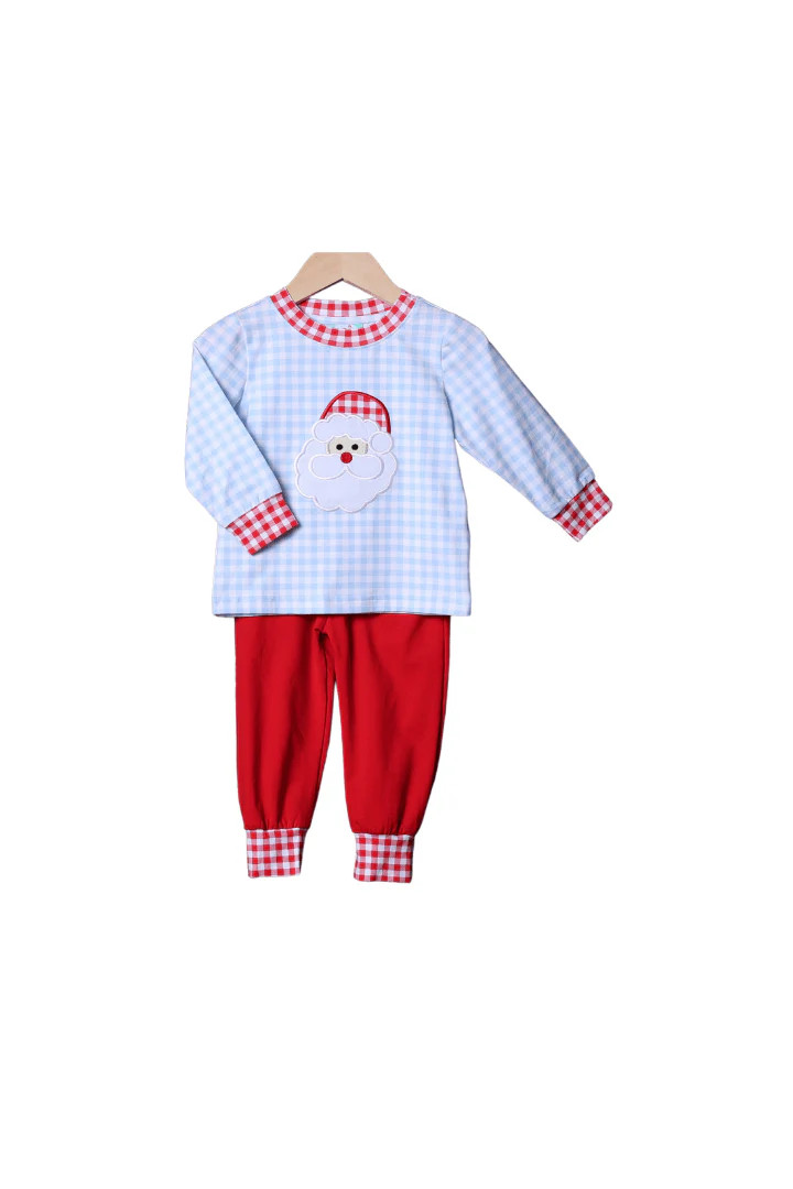 Santa Applique Blue Gingham Jogger Set | The Smocked Flamingo