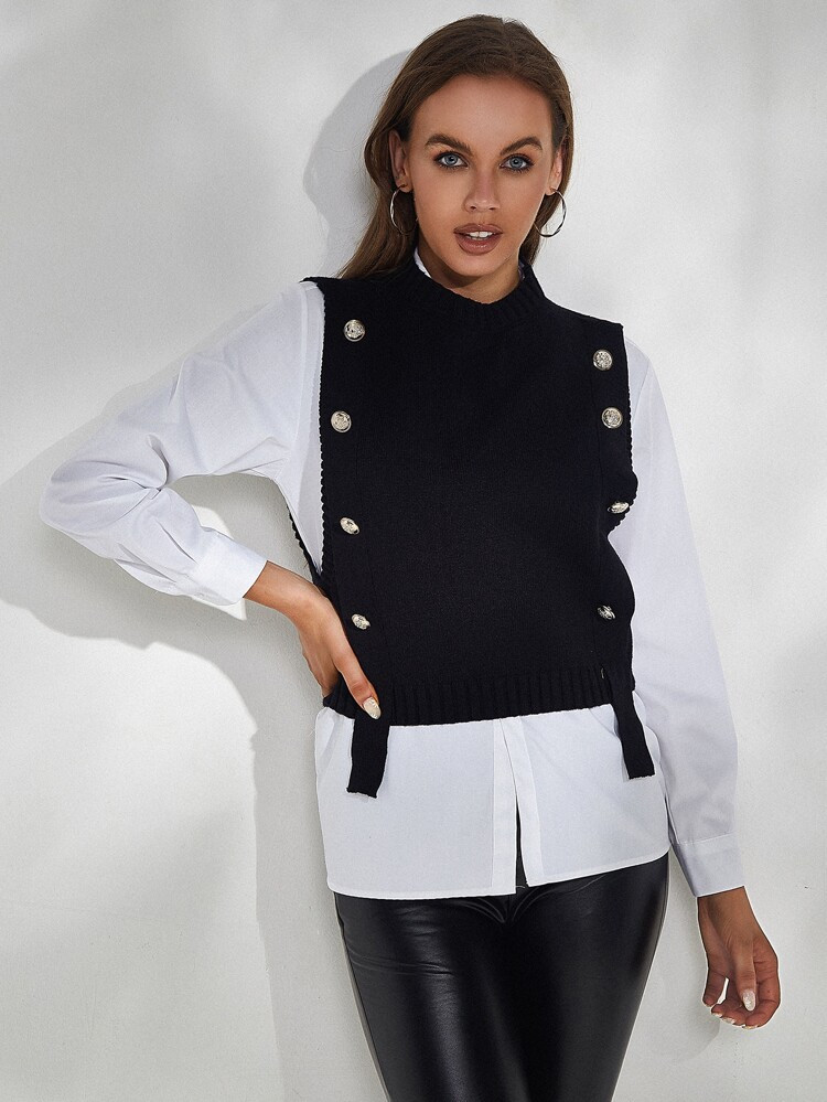 Double Breasted Mock Neck Sweater Vest | SHEIN