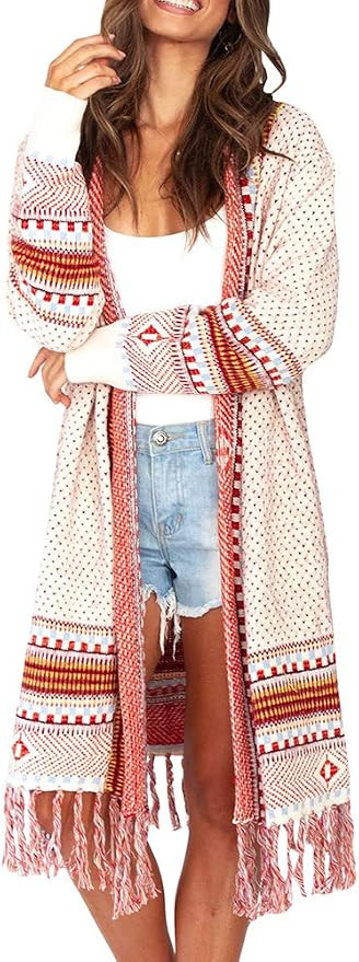 HuitJours Women Oversized Boho Cardigan Aztec Long Sleeve Sweater Maxi Open Front Tribal Fringe T... | Amazon (US)