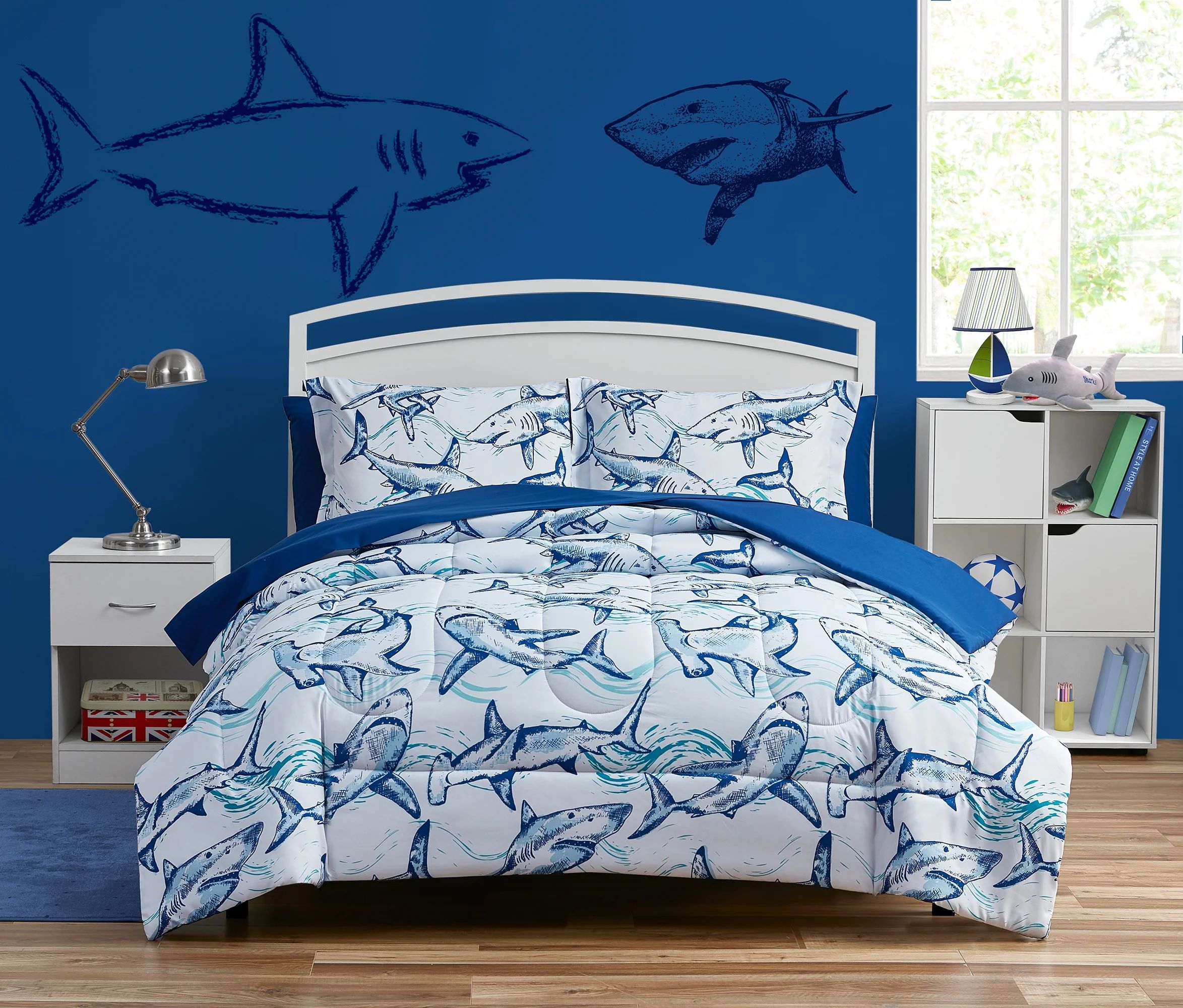 Your Zone Blue Shark Attack Full Bedding Set for Kids, Machine Wash, 7 Pieces - Walmart.com | Walmart (US)