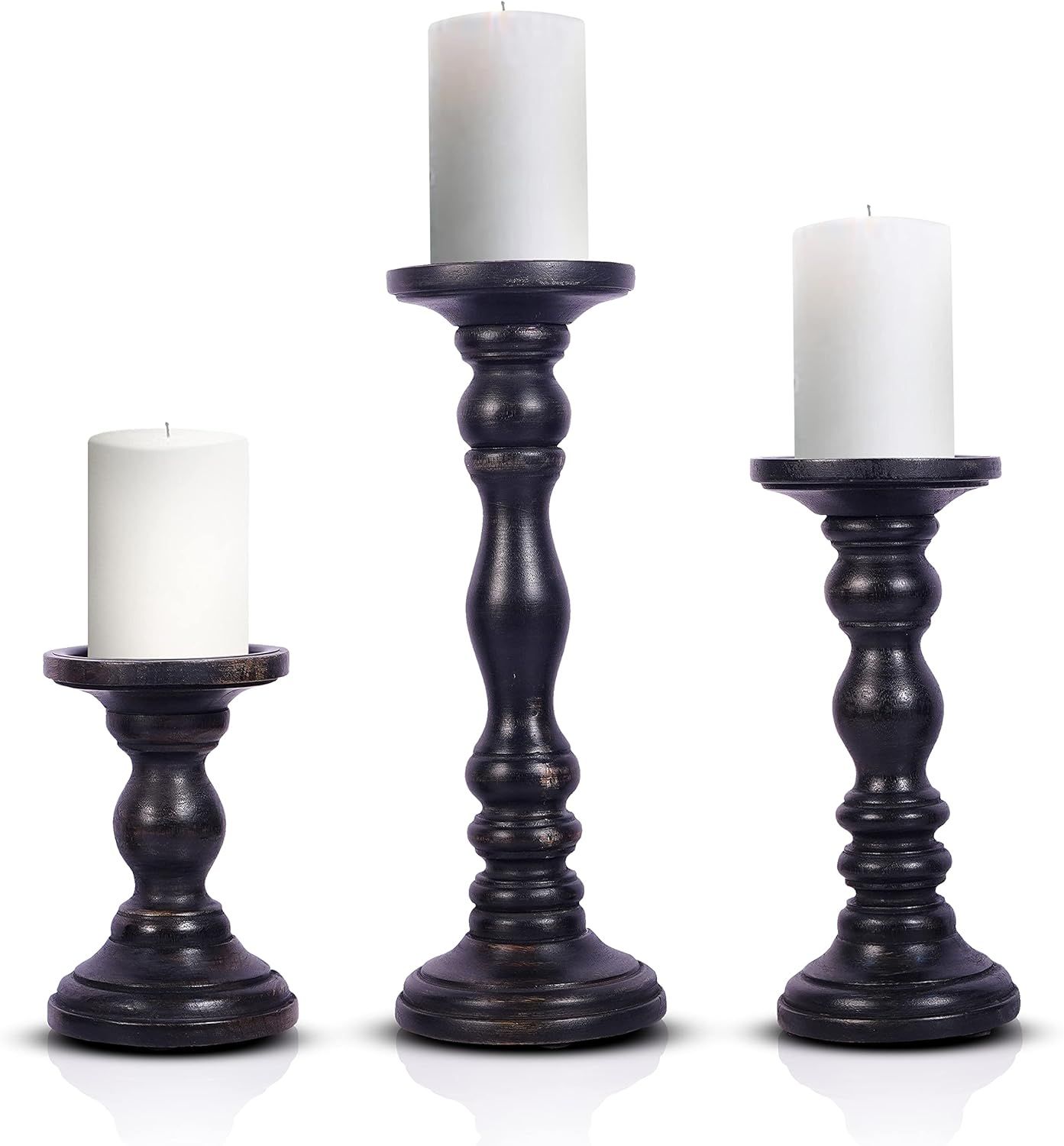 Rustic Black Pillar Candle Holders- Hand Carved Mango Wood Candle Holder for Pillar Candles in Ho... | Amazon (US)