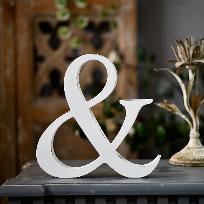 Wooden 3D Rustic Letter "&" Ampersand Sign Wall Decor 10", Hanging Distressed White Farmhouse Hom... | Amazon (US)