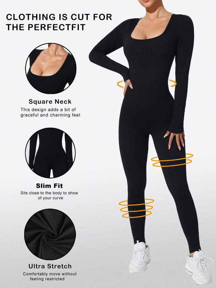 SHEIN Sport Studio Solid Color Long Sleeve Slim Fit Ribbed Jumpsuit | SHEIN