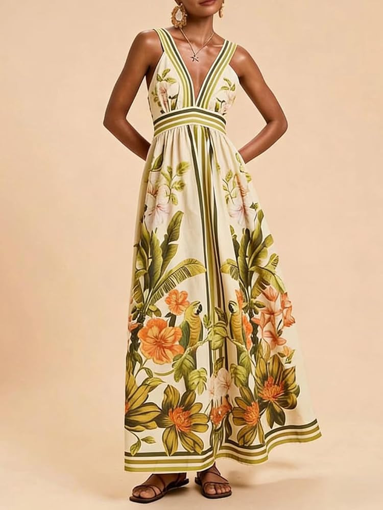 Womens Boho Print Dress Sleeveless Backless Halter High Waist A Line Beach Vacation Long Dress | Amazon (US)