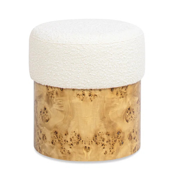 Tiffanie Round Burl Wood Upholstered Ottoman, Ivory White Boucle | Wayfair North America