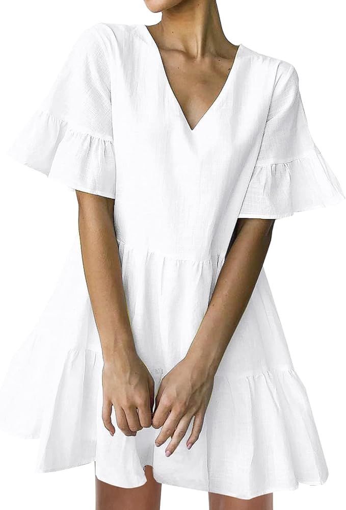 FANCYINN Women’s V Neck Cute Shift Dress with Pockets Bell Sleeve Ruffle Hem Loose Swing Summer... | Amazon (US)