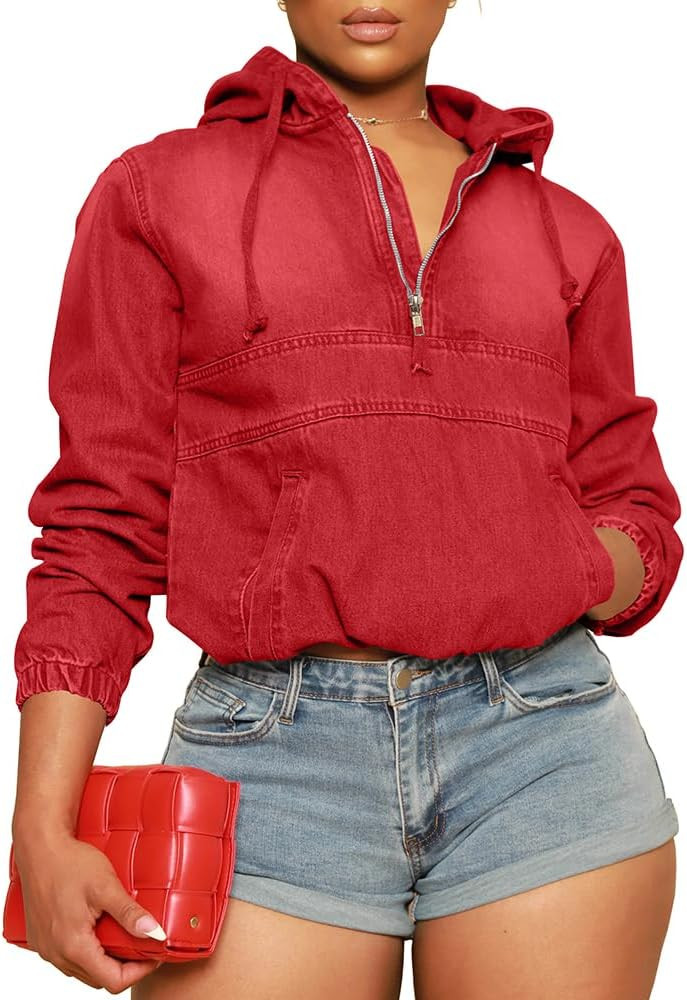 Women's Half Zip Denim Hoodie Pullover Jackets Jean Tops | Amazon (US)