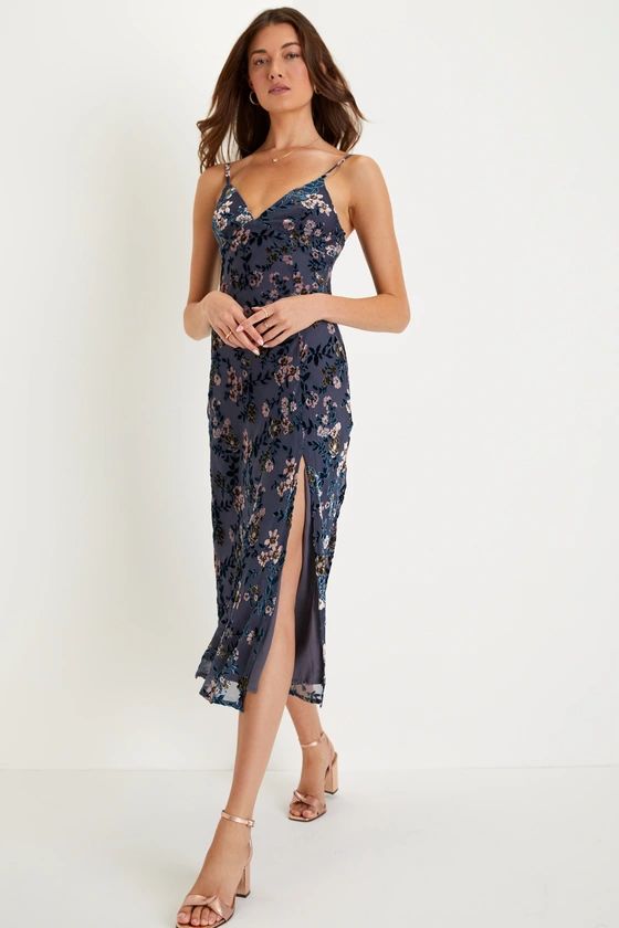 Divine Allure Slate Blue Burnout Velvet Jacquard Midi Dress | Lulus (US)