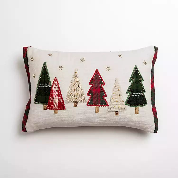 Embroidered Christmas Trees & Plaid Pillow | Kirkland's Home
