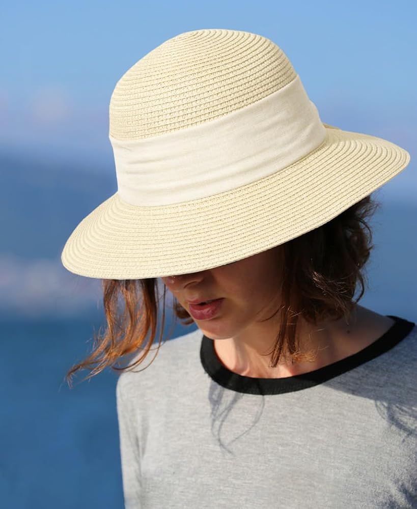 Women Sun Straw Hat Summer Beach Floppy Sun Protective Panama Hat Foldable Wide Brim | Amazon (US)