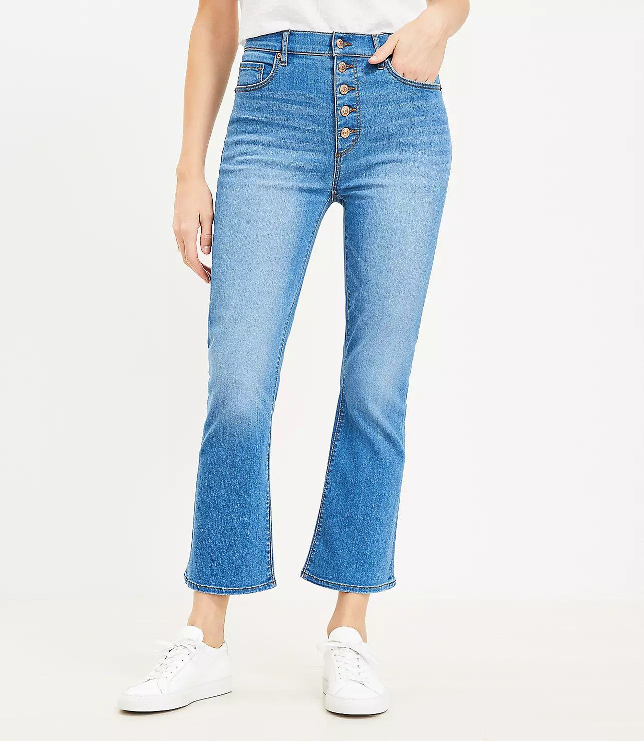 Button Front High Rise Kick Crop Jeans in Bright Mid Indigo Wash | LOFT