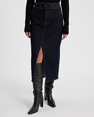 Super High Waisted Dark Wash Belted Midi Hyper Sculpt Denim Skirt | Express