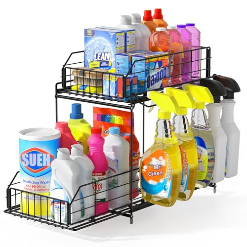 SUEH DESIGN Under Sink Organizer, 2 Tier Bathroom Cabinet Organizer Metal Kitchen Sink Organzier with Hanging Rail for Kitchen Bathroom Organization and Storage, 1 Pack | Amazon (US)