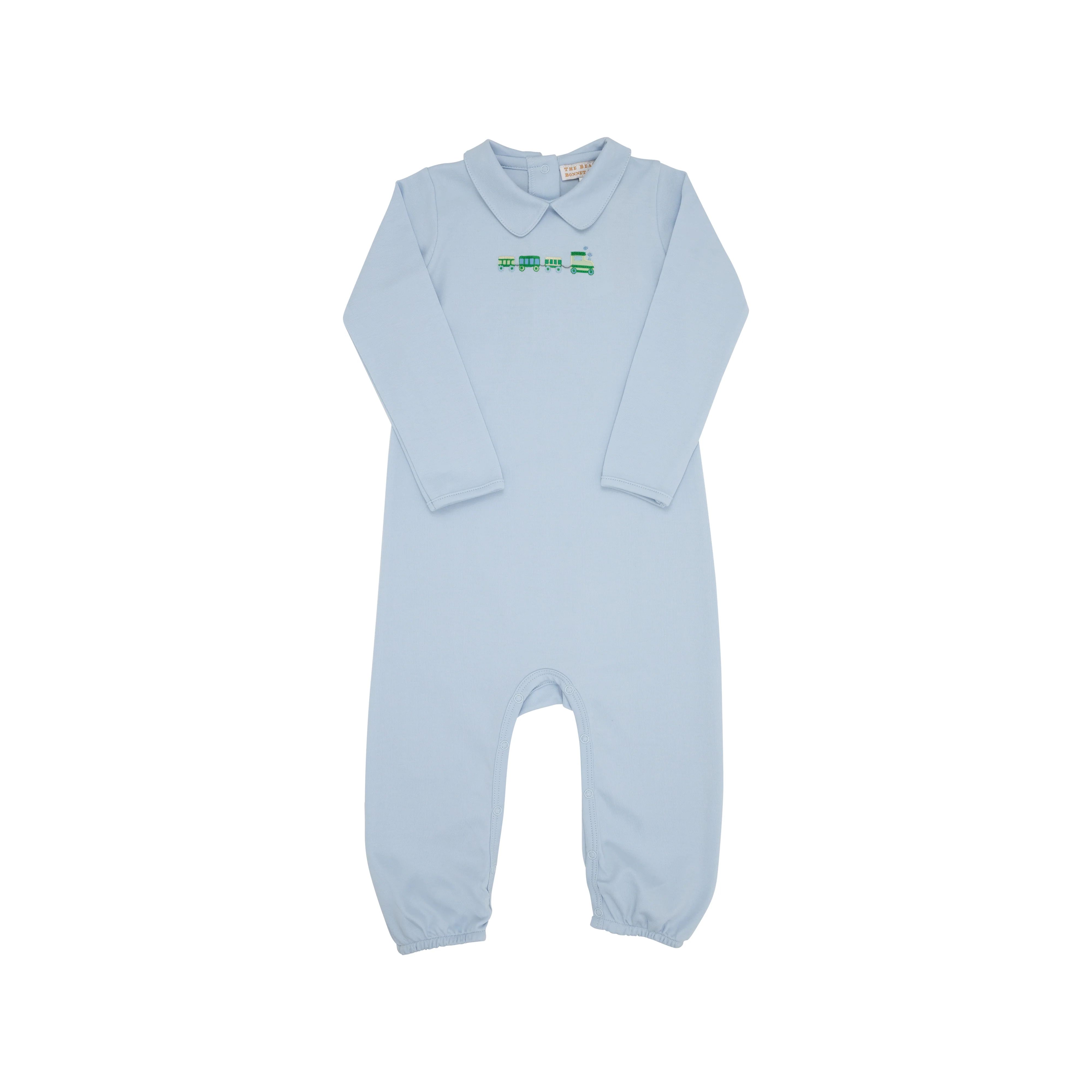 Rigsby Romper - Buckhead Blue with Train Embroidery | The Beaufort Bonnet Company