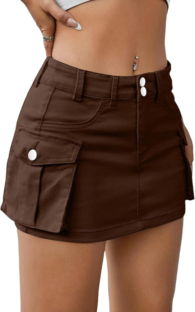 Low Waist Cargo Skirt Women Button Mini Cargo Denim Skirt with Pocket Mini Skirt | Amazon (US)