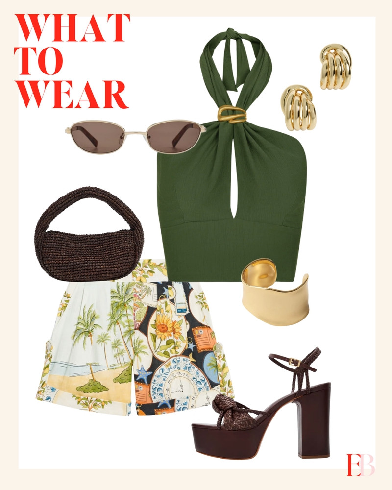 A solid and a print is always the formula — but the colors have to be right.
The forest green halter top with the gold ring hardware is the anchor that makes the tropical print shorts work. The green in the print is what connects them, and the gold hardware on the top is what connects everything else — the chunky knot earrings, the wide gold cuff, all of it flows from that one detail on the top. That's how you wear a busy print without the outfit feeling busy.
Dark chocolate brown woven platform heels are the unexpected grounding element here — they pick up the dark tones in the print and add enough height to make the short shorts feel intentional rather than casual. The dark woven raffia hobo bag in the same brown family keeps the accessories cohesive without being matchy.
This is the vacation dinner outfit that looks like a stylist packed your bag. Which, technically, one did.  

 #LTKootd