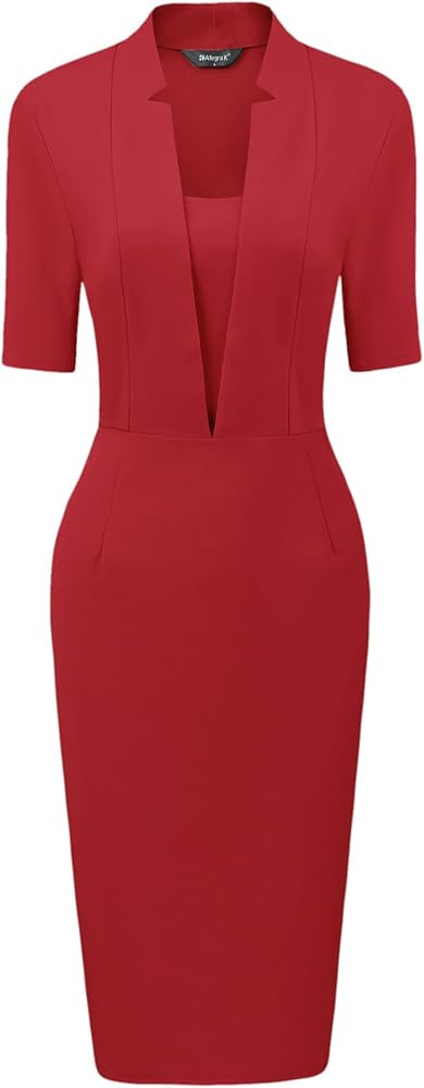Allegra K Sheath Dress for Women's V Neck Short Sleeve Work Office Bodycon Midi Dresses | Amazon (CA)