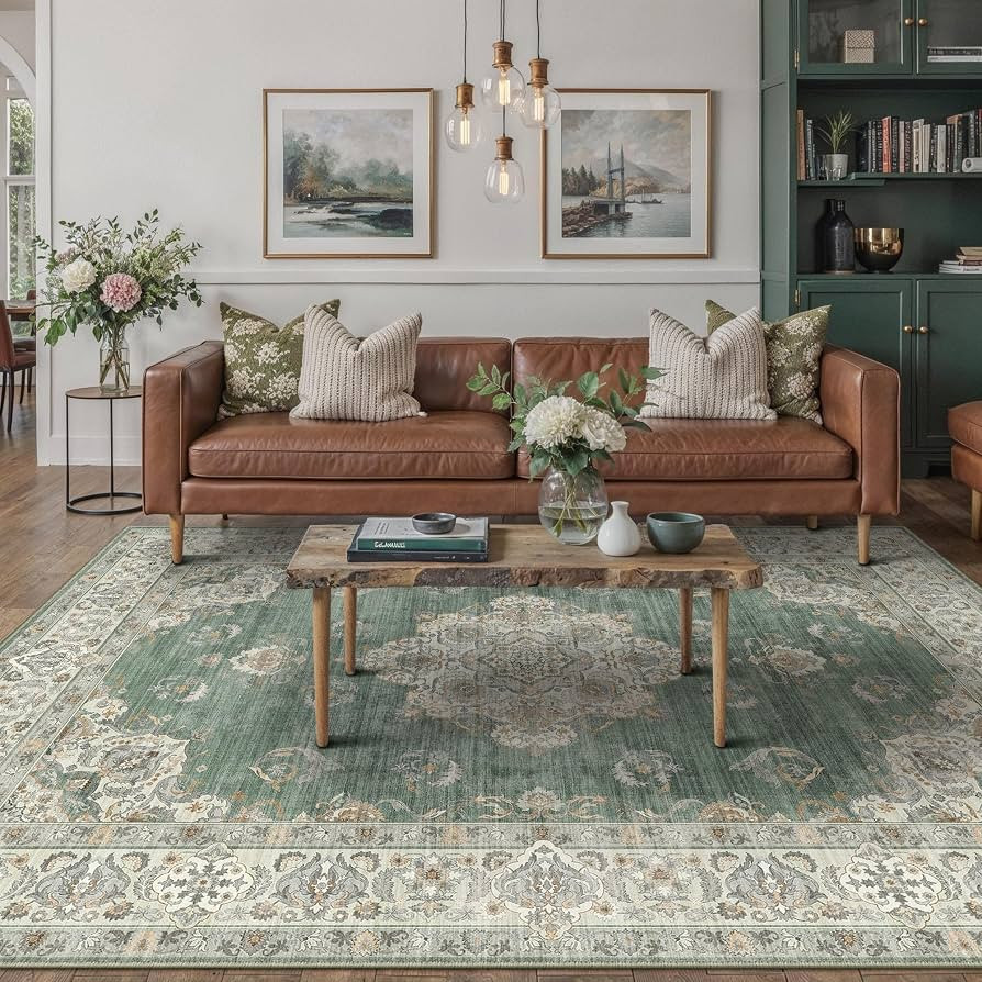 PureCozy 5x7 Green Washable Area Rug Non Slip Vintage Carpet | Amazon (US)