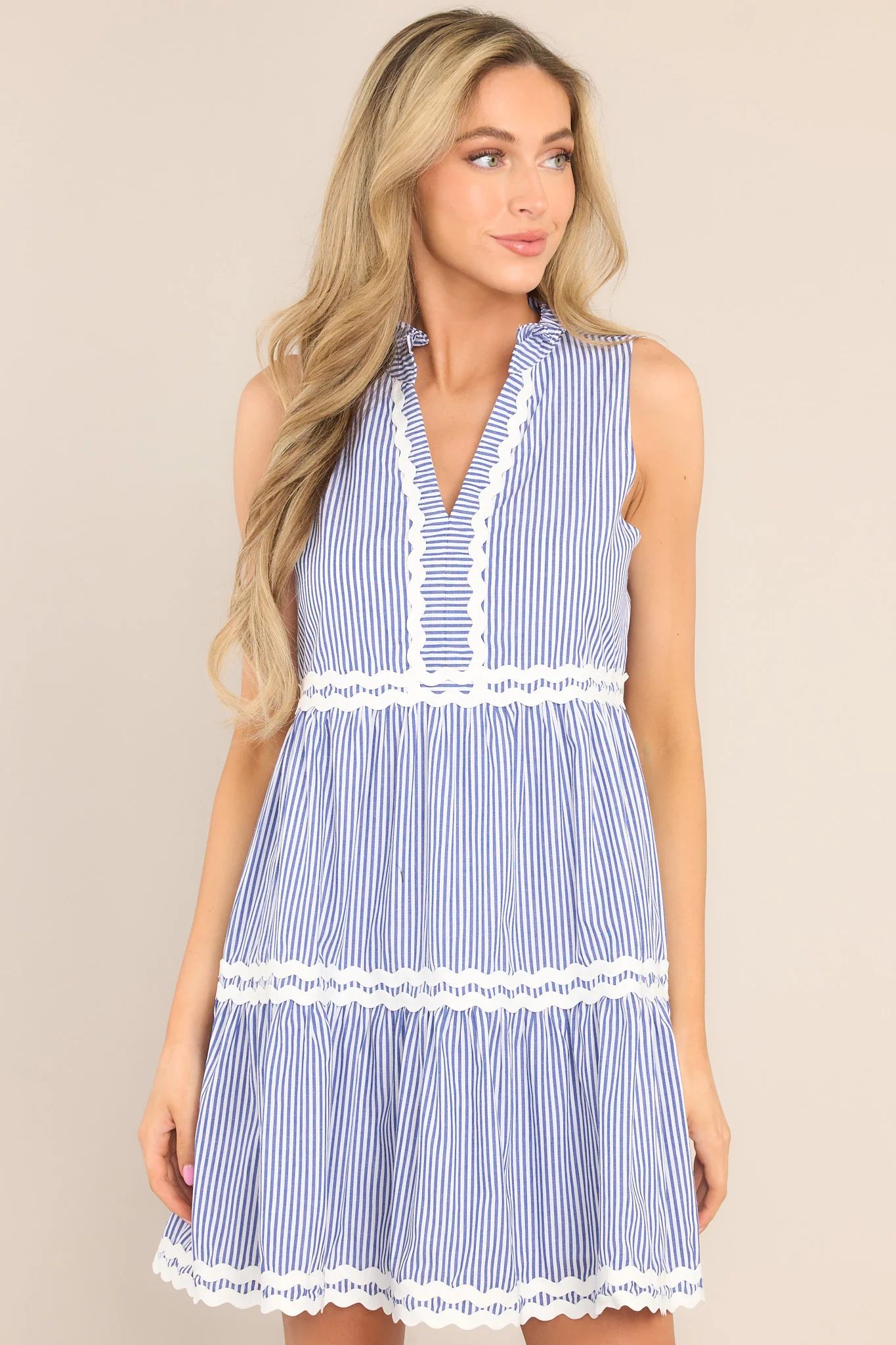 Year In Review Blue & White Scalloped Mini Dress | Red Dress