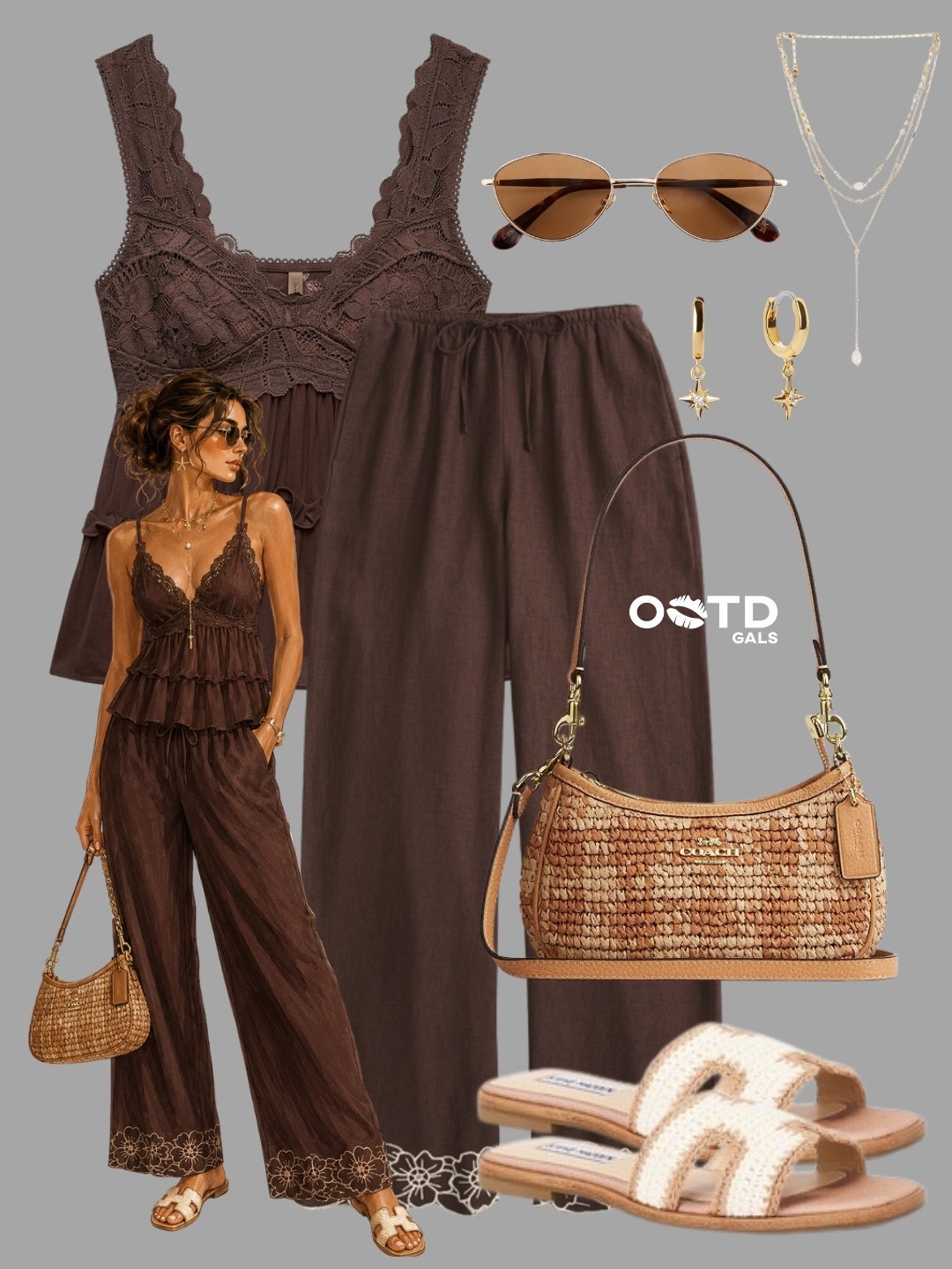 Rich chocolate tones and woven textures create a luxurious warm-weather look 🤎✨

This outfit embraces earthy elegance with a romantic twist. The lace-detailed camisole adds softness and femininity, while the relaxed wide-leg trousers keep the silhouette effortless and comfortable. Natural woven accessories and delicate gold jewelry enhance the bohemian-inspired aesthetic without overwhelming the look.

✨ Style Details:
• Chocolate brown lace-trim camisole with delicate detailing
• Matching flowy wide-leg trousers with embroidered hem accents
• Woven raffia shoulder bag with tan leather trim
• Cream woven slide sandals
• Layered gold and pearl necklace
• Gold star-drop hoop earrings
• Tinted aviator sunglasses

The monochromatic brown palette feels rich and sophisticated, while the natural textures bring a relaxed resort-inspired feel. It's the perfect balance of romantic, breezy, and polished styling.

Perfect for tropical vacations, beachside lunches, resort evenings, outdoor brunches, summer markets, sunset dinners, coastal getaways, or warm-weather weekend outings.

#ResortStyle #BohoChic #SummerElegance

#LTKeurope #LTKstyletip #LTKsale