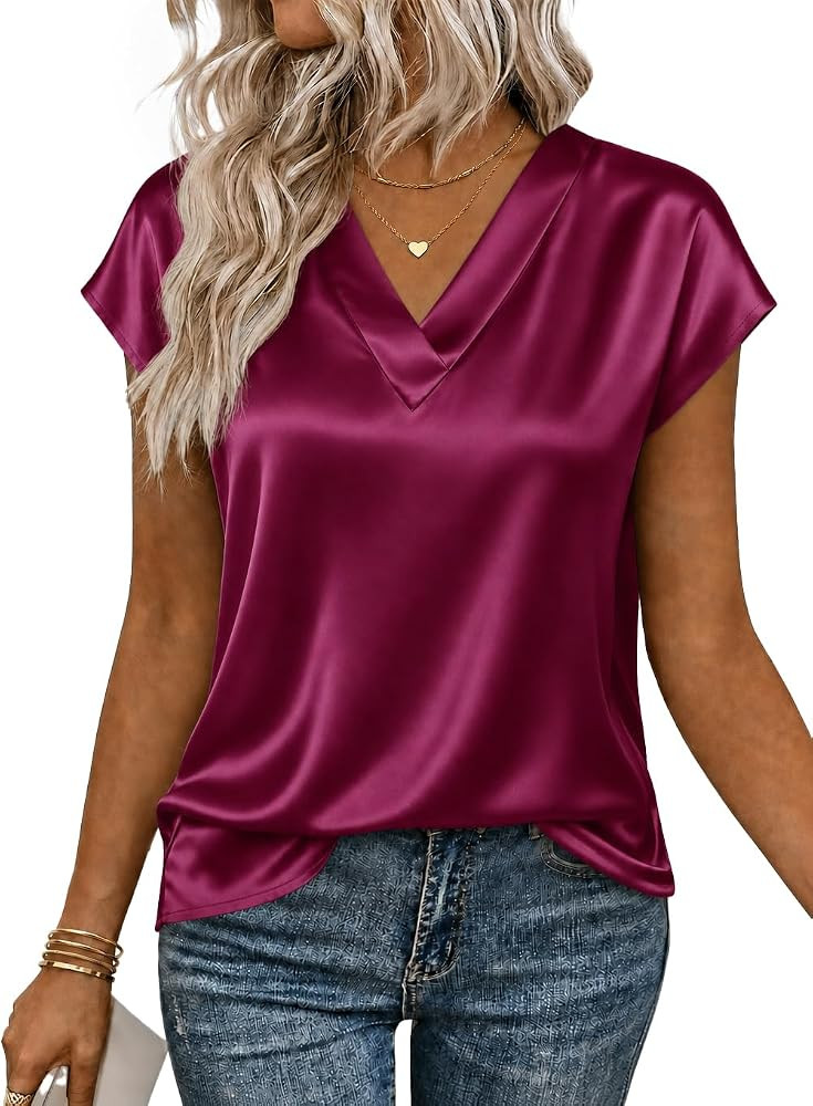 Cicy Bell Womens Satin Cap Short Sleeve Blouses Casual V Neck Tops Summer Dressy Business Work Si... | Amazon (US)