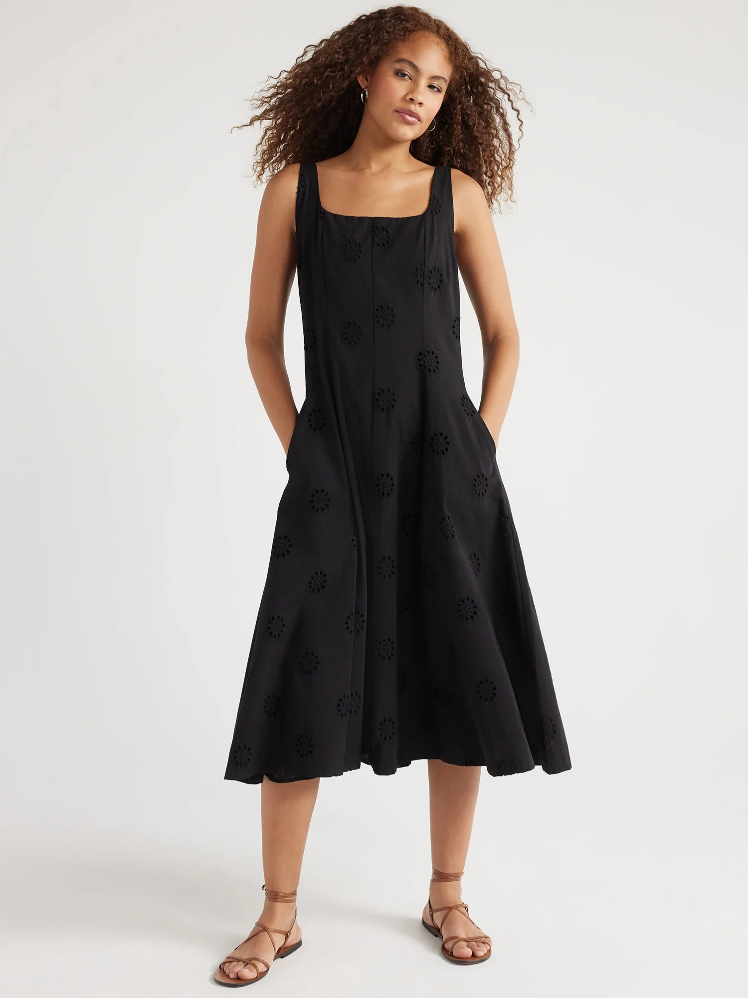 Free Assembly Women's Sleeveless Cotton Eyelet Panel Midi Dress, Sizes XS-XXL | Walmart (US)