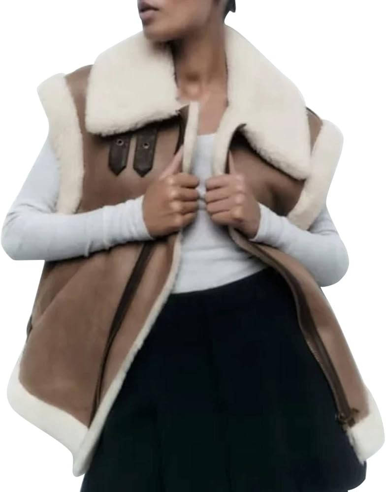 KPYTLBV Womens Warm Sherpa Fleece Zip Up Wool Blend Herringbone Tweed Suede Leather Vest Sleevele... | Amazon (US)
