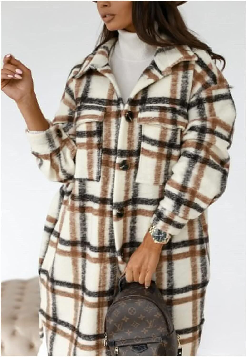 ISALUX Women's Long Sleeve Plaid Printed Medium Long Windbreaker Fitted Shirt Coat Cardigan Jacke... | Amazon (US)