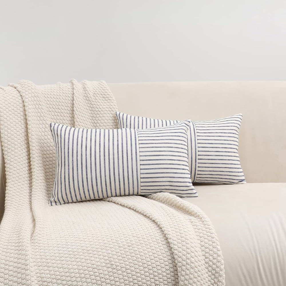 Hckot Farmhouse Pillow Covers 12x20, Lumbar Throw Pillow Covers Set of 2, Navy and Beige Striped ... | Amazon (US)