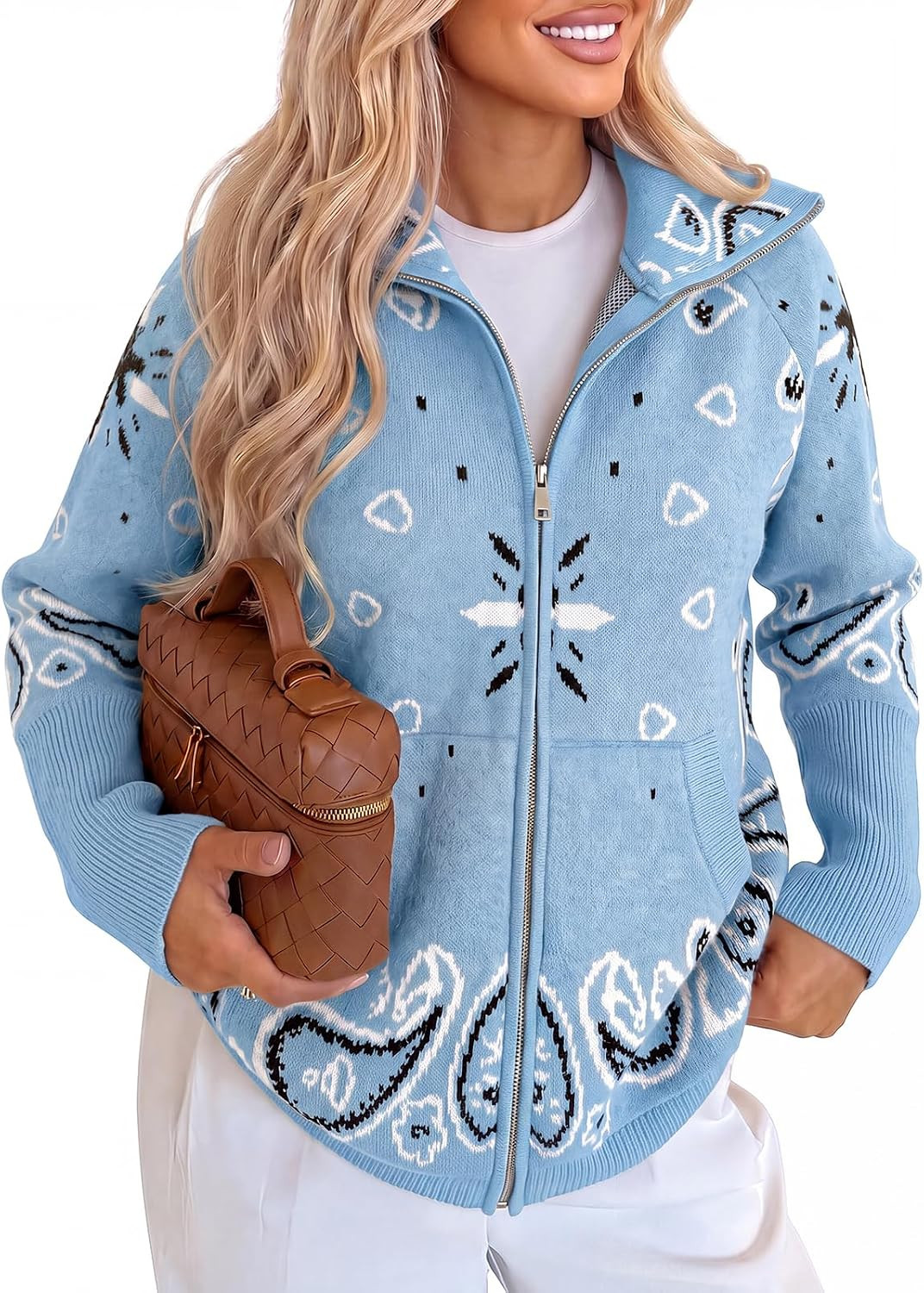 Cicy Bell Women Zip Up Cardigan Sweater Stand Collar Knit Printed Sweater | Amazon (US)
