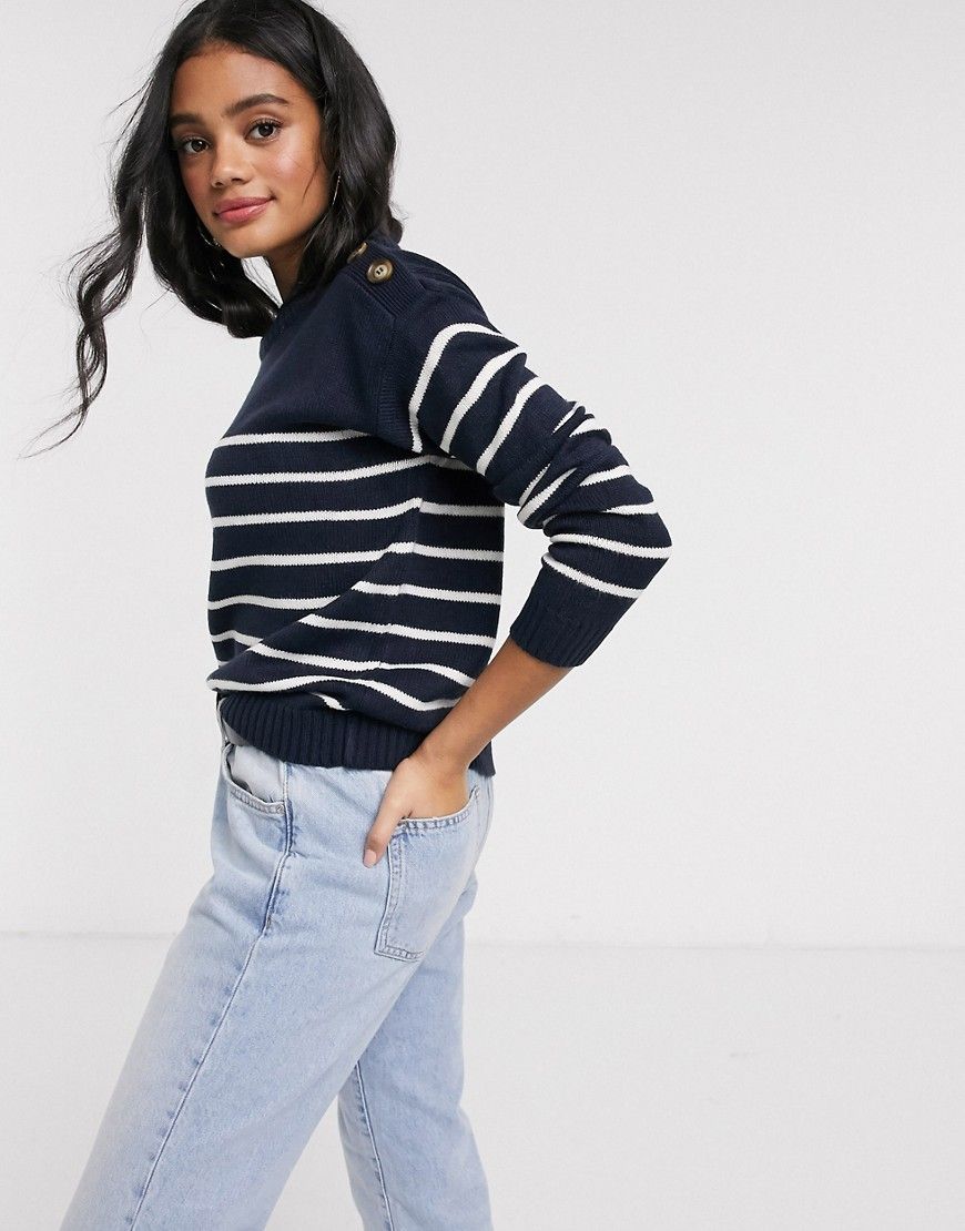 Brave Soul yacht button detail stripe sweater in navy | ASOS (Global)