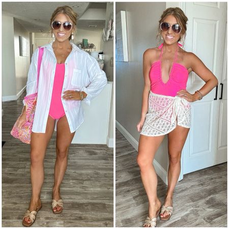 Two super cute Walmart swimsuits that will be sharing in a reel this week!  Brought them both to the beach with me 🙂 the ribbed tie, detail one runs true to size and the plunge style one go up a size.

Walmart fashion. Pink swimsuits. LTK under 50.  