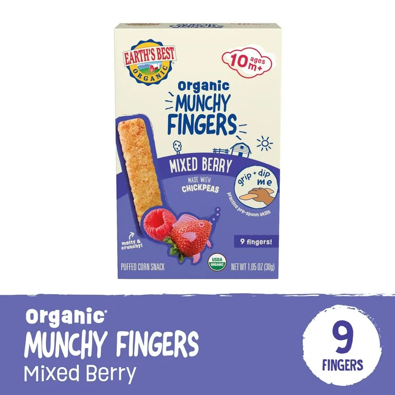 Earth's Best Organic Bite-Size Munchy Fingers Mixed Berry Puffed Baby Snack, 1.05 oz Box | Walmart (US)